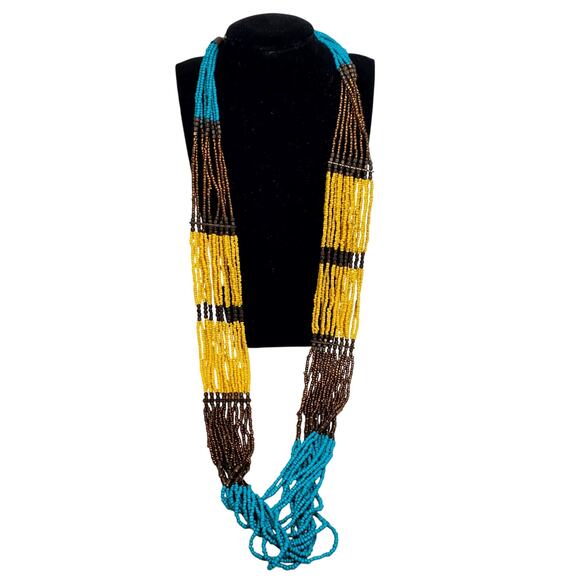 Vtg Necklace Turquoise Blue Gold T Seed Beads Southwestern Statement Tiered 34" - Picture 1 of 6